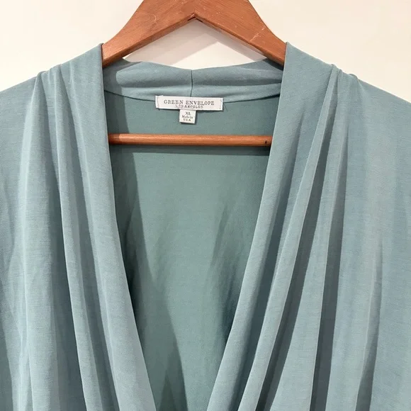 Green Envelope Sage Wrap Top XL Soft Drape Long Sleeve Minimal Chic - Picture 2 of 8